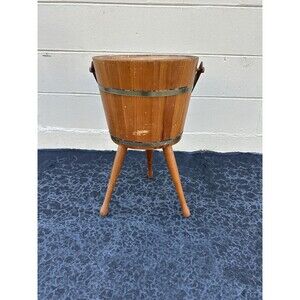 Vintage 3 Legged Wood Barrel Lidded Sewing / Yarn Basket Bucket 24"